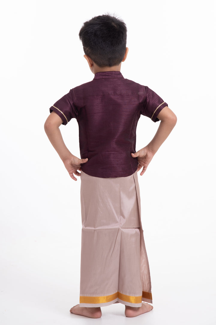 The Nesavu Boys Vesti Boys Elegant Silk Dhoti with Golden Accents Nesavu Shop Boys Grey Silk Dhoti with Golden Stripes | The Nesavu