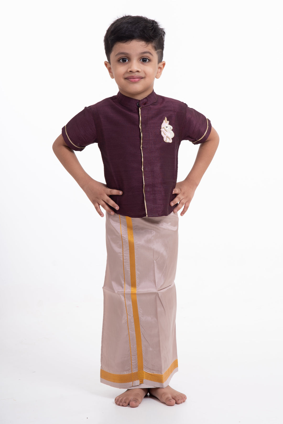 The Nesavu Boys Vesti Boys Elegant Silk Dhoti with Golden Accents Nesavu Shop Boys Grey Silk Dhoti with Golden Stripes | The Nesavu