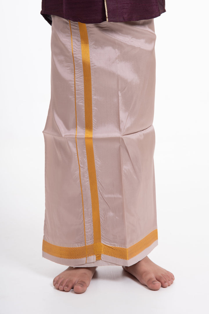 The Nesavu Boys Vesti Boys Elegant Silk Dhoti with Golden Accents Nesavu Shop Boys Grey Silk Dhoti with Golden Stripes | The Nesavu