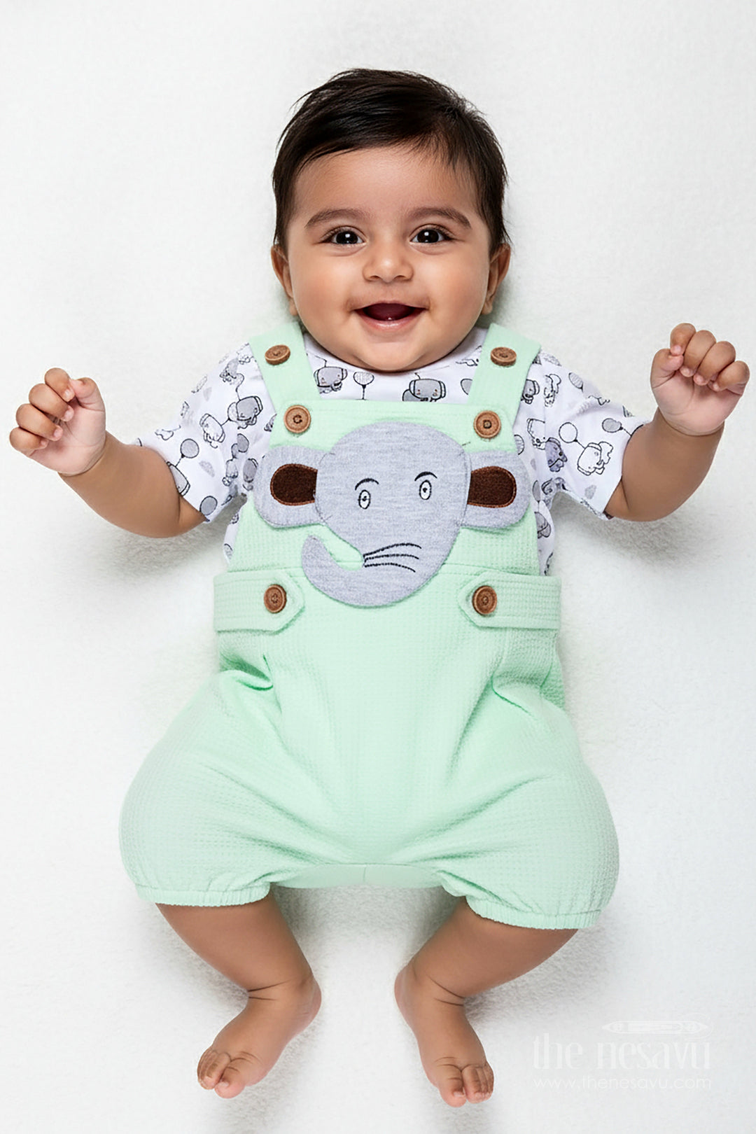 The Nesavu Boys Casual Set Boys Elephant Newborn Outfit in Cotton Waffle Knit with Mint Green Overalls and Printed Tee for Soft Comfort Nesavu 14 (6M) / Green BCS282B-14 Nesavu Boys Elephant Newborn Outfit Soft Waffle Knit Mint Green Overalls Cute Character Design