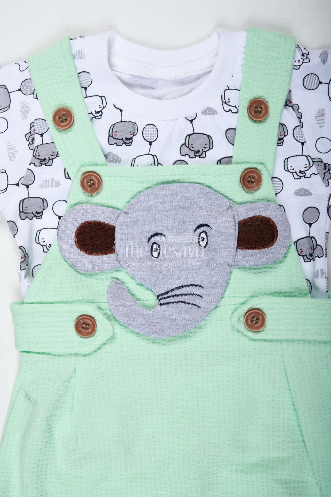 The Nesavu Boys Casual Set Boys Elephant Newborn Outfit in Cotton Waffle Knit with Mint Green Overalls and Printed Tee for Soft Comfort Nesavu Nesavu Boys Elephant Newborn Outfit Soft Waffle Knit Mint Green Overalls Cute Character Design