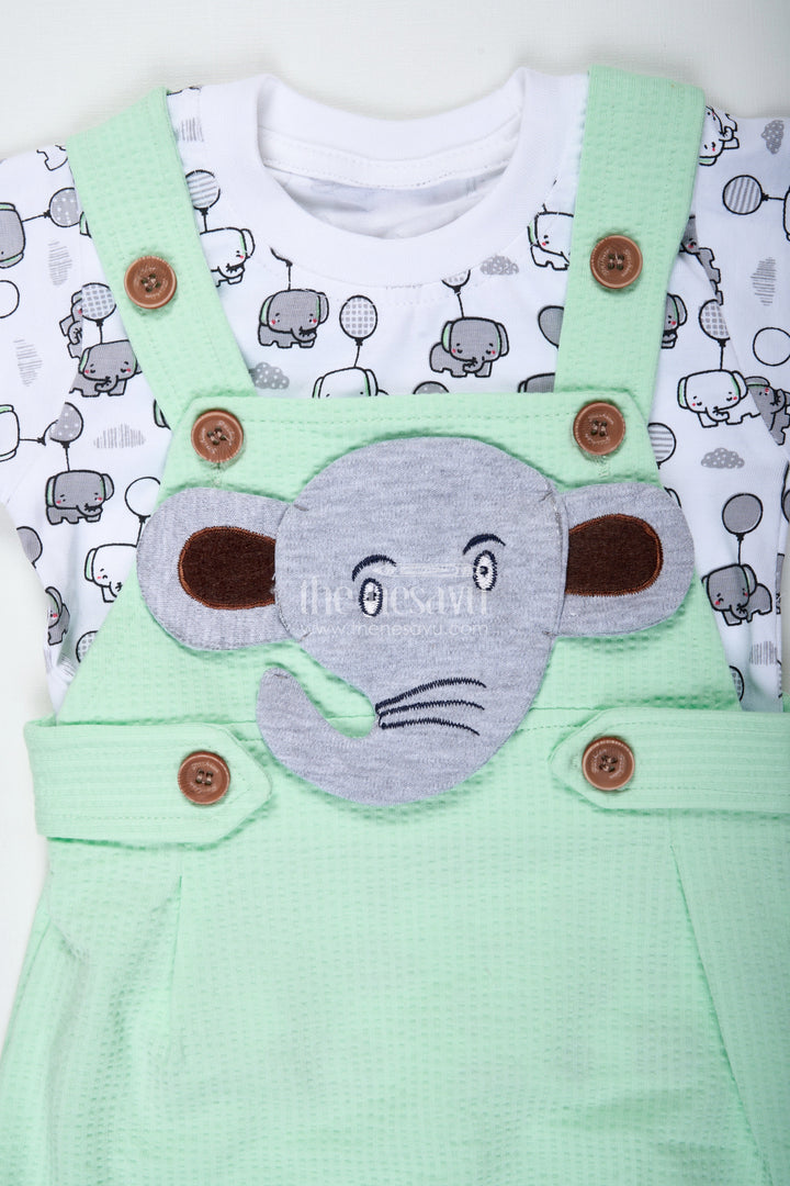 The Nesavu Boys Casual Set Boys Elephant Newborn Outfit in Cotton Waffle Knit with Mint Green Overalls and Printed Tee for Soft Comfort Nesavu Nesavu Boys Elephant Newborn Outfit Soft Waffle Knit Mint Green Overalls Cute Character Design