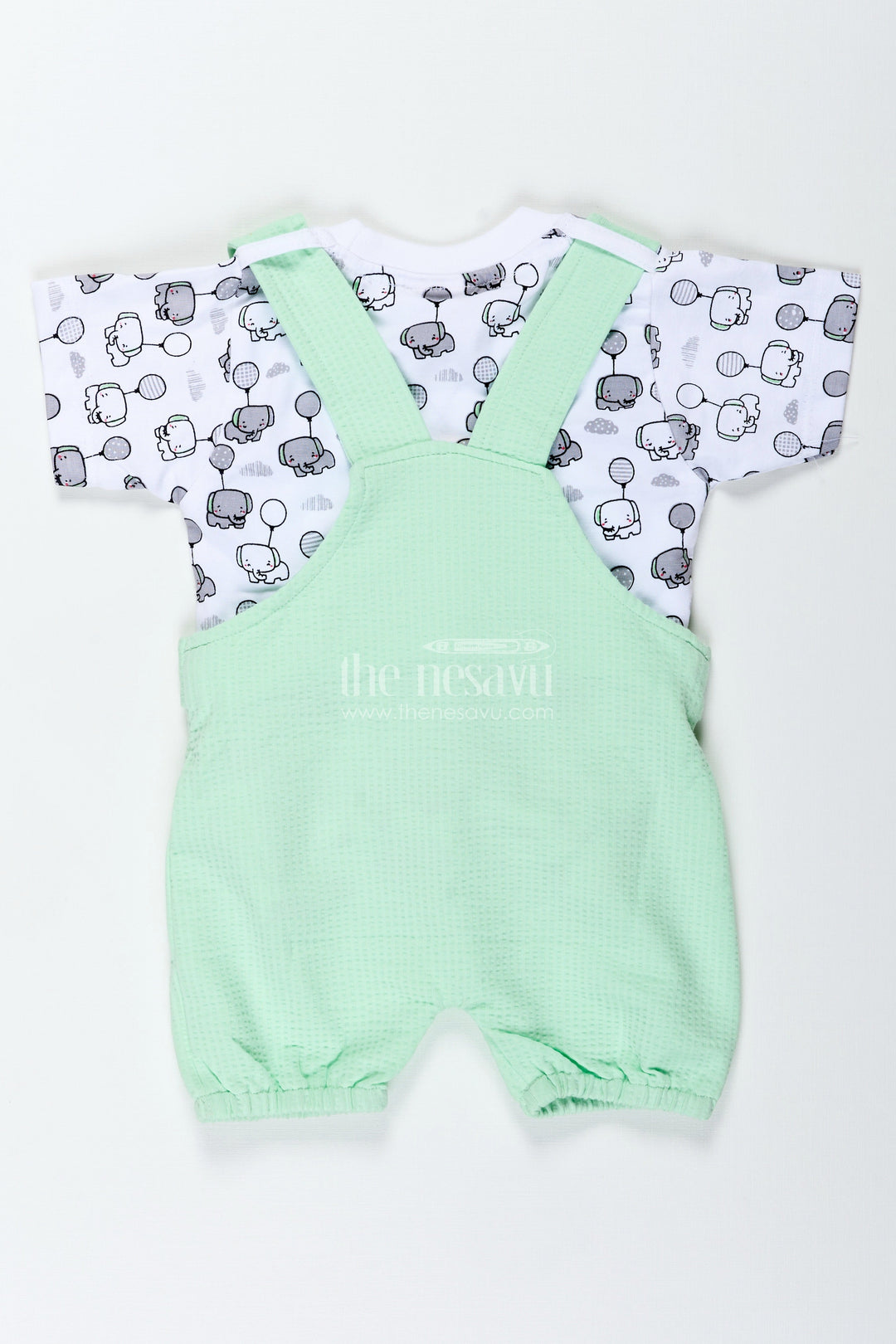 The Nesavu Boys Casual Set Boys Elephant Newborn Outfit in Cotton Waffle Knit with Mint Green Overalls and Printed Tee for Soft Comfort Nesavu Nesavu Boys Elephant Newborn Outfit Soft Waffle Knit Mint Green Overalls Cute Character Design