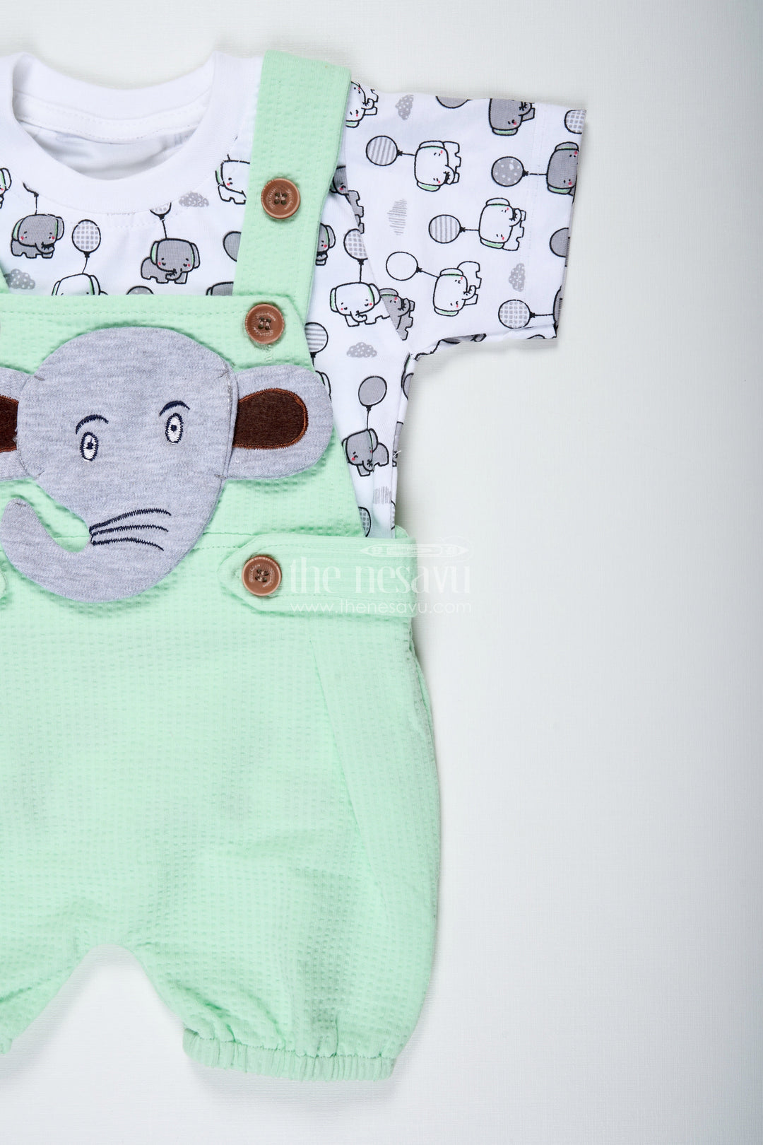 The Nesavu Boys Casual Set Boys Elephant Newborn Outfit in Cotton Waffle Knit with Mint Green Overalls and Printed Tee for Soft Comfort Nesavu Nesavu Boys Elephant Newborn Outfit Soft Waffle Knit Mint Green Overalls Cute Character Design
