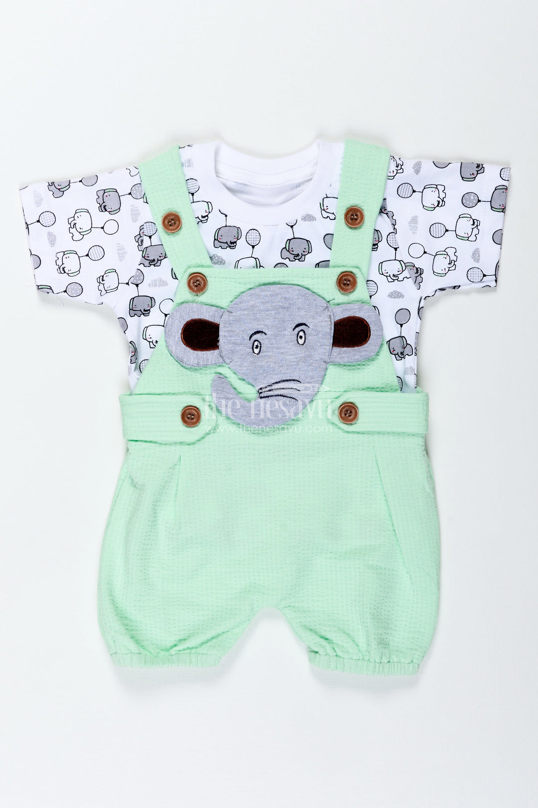 The Nesavu Boys Casual Set Boys Elephant Newborn Outfit in Cotton Waffle Knit with Mint Green Overalls and Printed Tee for Soft Comfort Nesavu Nesavu Boys Elephant Newborn Outfit Soft Waffle Knit Mint Green Overalls Cute Character Design