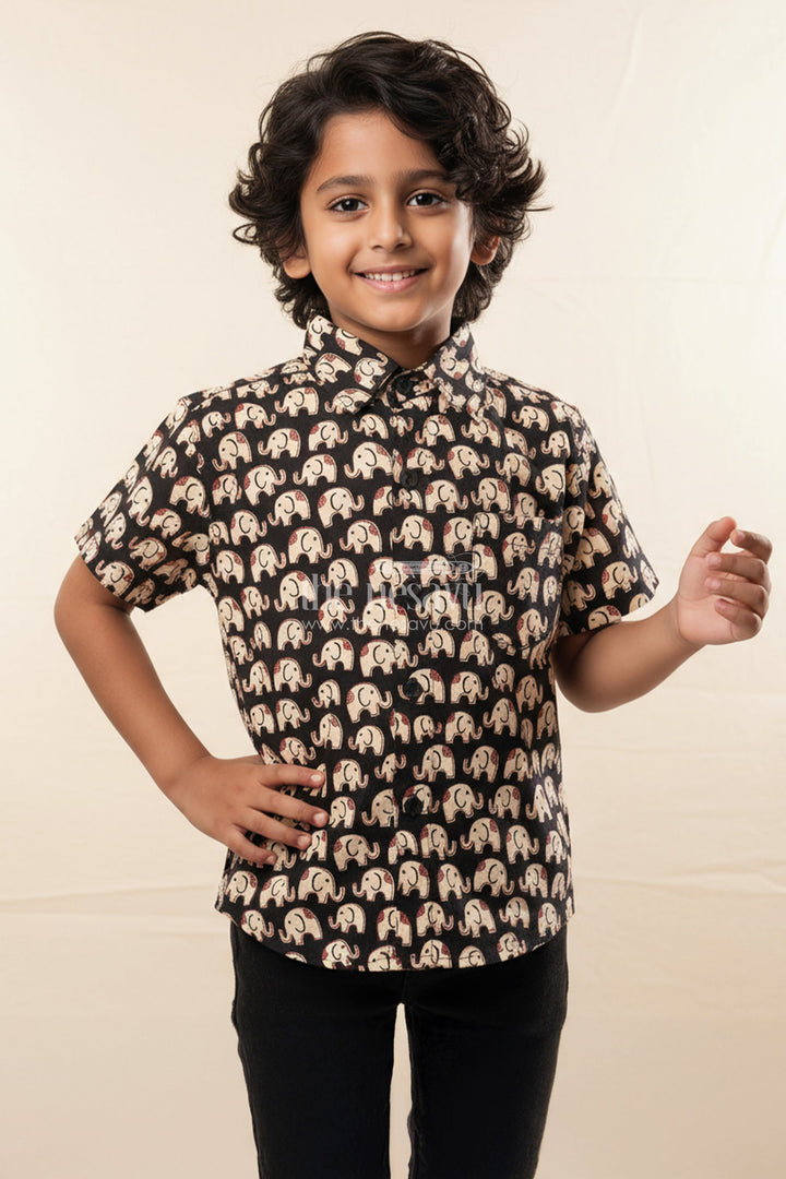The Nesavu Boys Cotton Shirt Boys Elephant Print Cotton Shirt for School Events and Playdates Nesavu Nesavu boys cotton shirt black elephant print  perfect school festive wear