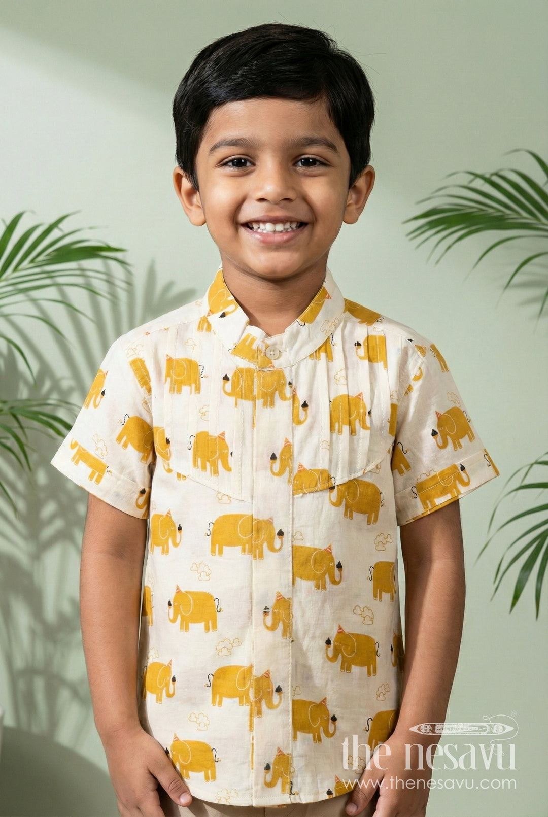The Nesavu Boys Cotton Shirt Boys Elephant Print Cotton Shirt in Mustard Lightweight Summer Wear Nesavu 16 (1Y) / Yellow BS275B-16 Nesavu Boys Summer Cotton Shirt Mustard Elephant Design Lightweight Fabric Daily Comfort