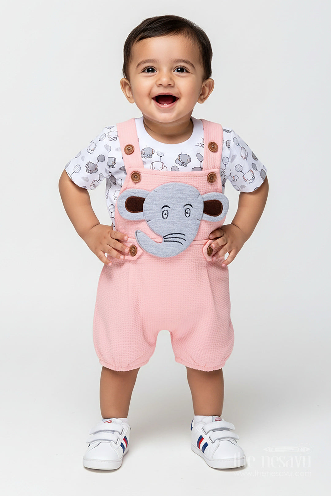 The Nesavu Boys Casual Set Boys Elephant Print Dress in Cotton Waffle Knit with Pink Overalls and Character Embroidery for Everyday Style Nesavu 14 (6M) / Pink BCS282A-14 Nesavu Boys Elephant Print Dress Pink Cotton Waffle Knit Overalls Embroidered Character