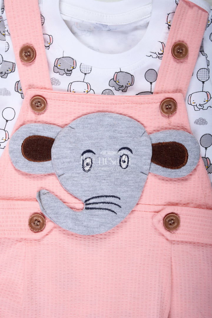 The Nesavu Boys Casual Set Boys Elephant Print Dress in Cotton Waffle Knit with Pink Overalls and Character Embroidery for Everyday Style Nesavu Nesavu Boys Elephant Print Dress Pink Cotton Waffle Knit Overalls Embroidered Character