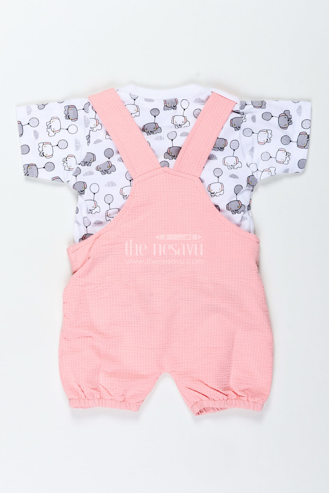 The Nesavu Boys Casual Set Boys Elephant Print Dress in Cotton Waffle Knit with Pink Overalls and Character Embroidery for Everyday Style Nesavu Nesavu Boys Elephant Print Dress Pink Cotton Waffle Knit Overalls Embroidered Character