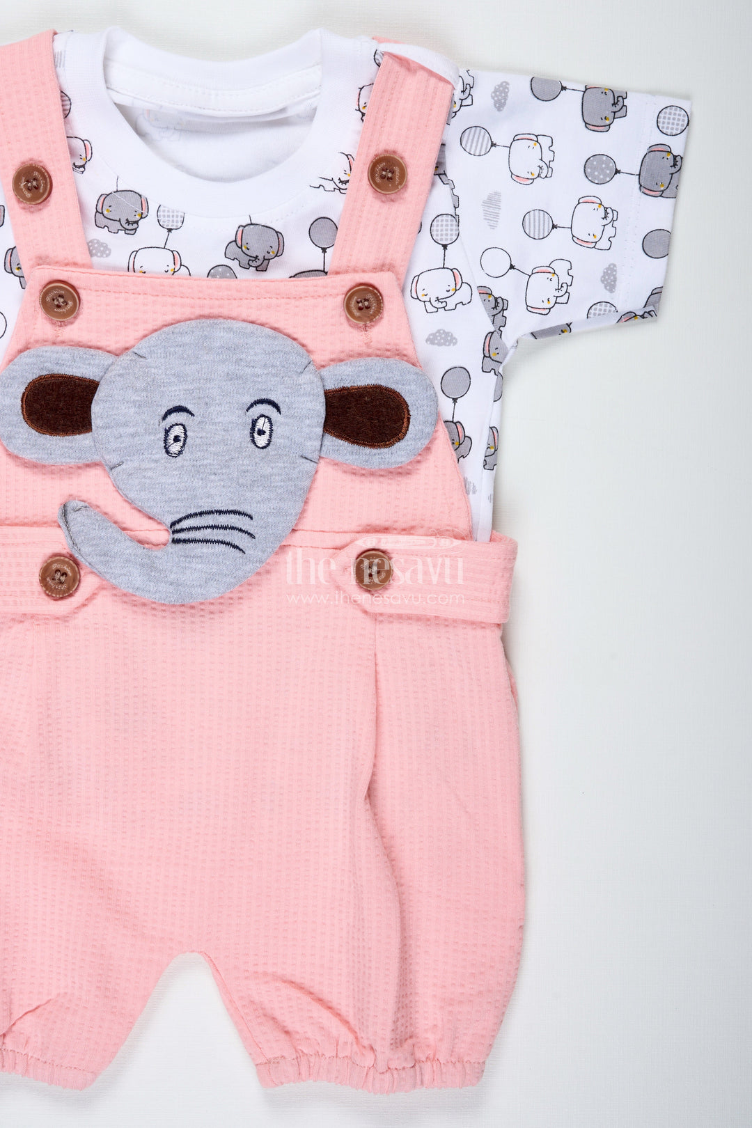 The Nesavu Boys Casual Set Boys Elephant Print Dress in Cotton Waffle Knit with Pink Overalls and Character Embroidery for Everyday Style Nesavu Nesavu Boys Elephant Print Dress Pink Cotton Waffle Knit Overalls Embroidered Character