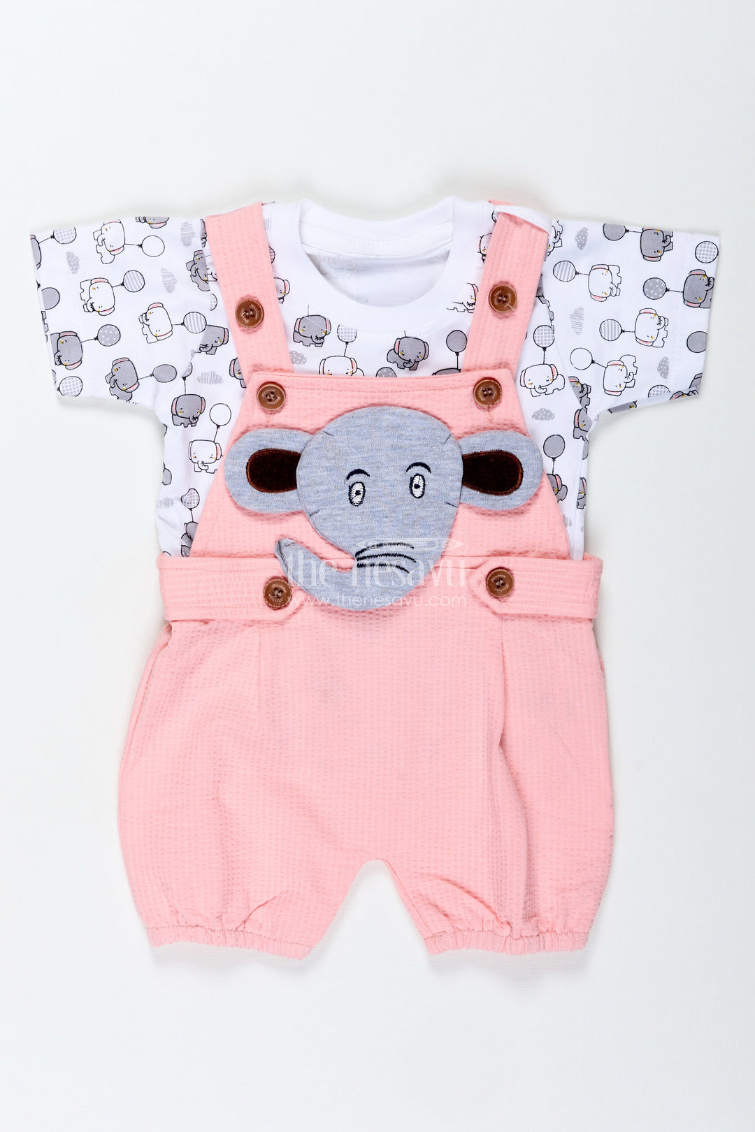 The Nesavu Boys Casual Set Boys Elephant Print Dress in Cotton Waffle Knit with Pink Overalls and Character Embroidery for Everyday Style Nesavu Nesavu Boys Elephant Print Dress Pink Cotton Waffle Knit Overalls Embroidered Character