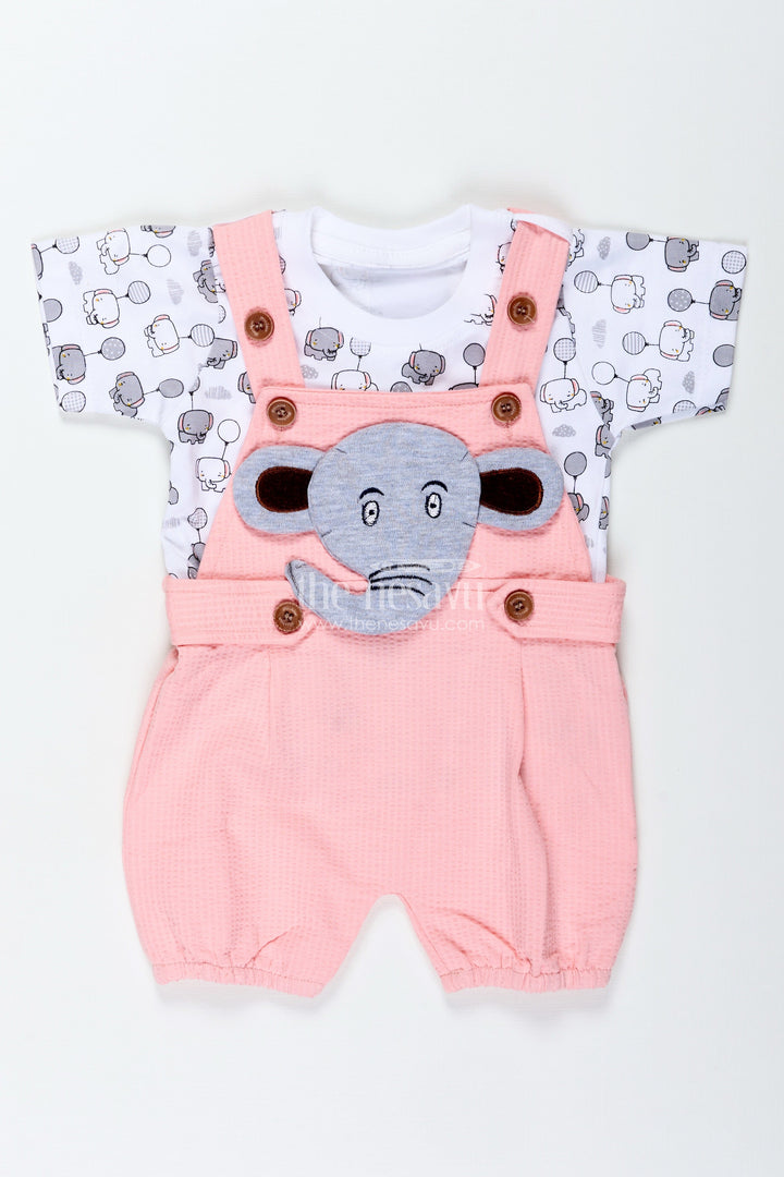 The Nesavu Boys Casual Set Boys Elephant Print Dress in Cotton Waffle Knit with Pink Overalls and Character Embroidery for Everyday Style Nesavu Nesavu Boys Elephant Print Dress Pink Cotton Waffle Knit Overalls Embroidered Character