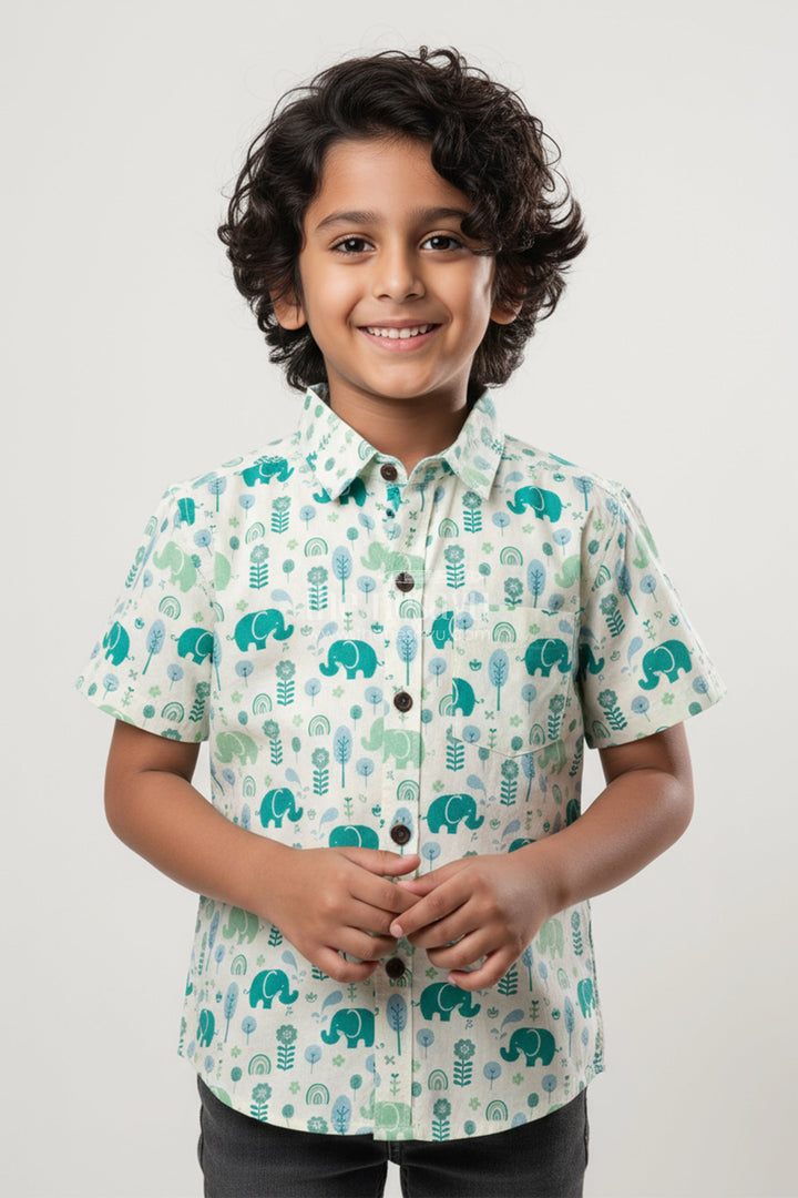 The Nesavu Boys Cotton Shirt Boys Elephant Print Shirt in Teal Tones for Playful Ethnic Wear Nesavu 20 (3Y) / Green BS321B-20 Nesavu boys cotton shirt green elephant print  perfect ethnic school days festive wear