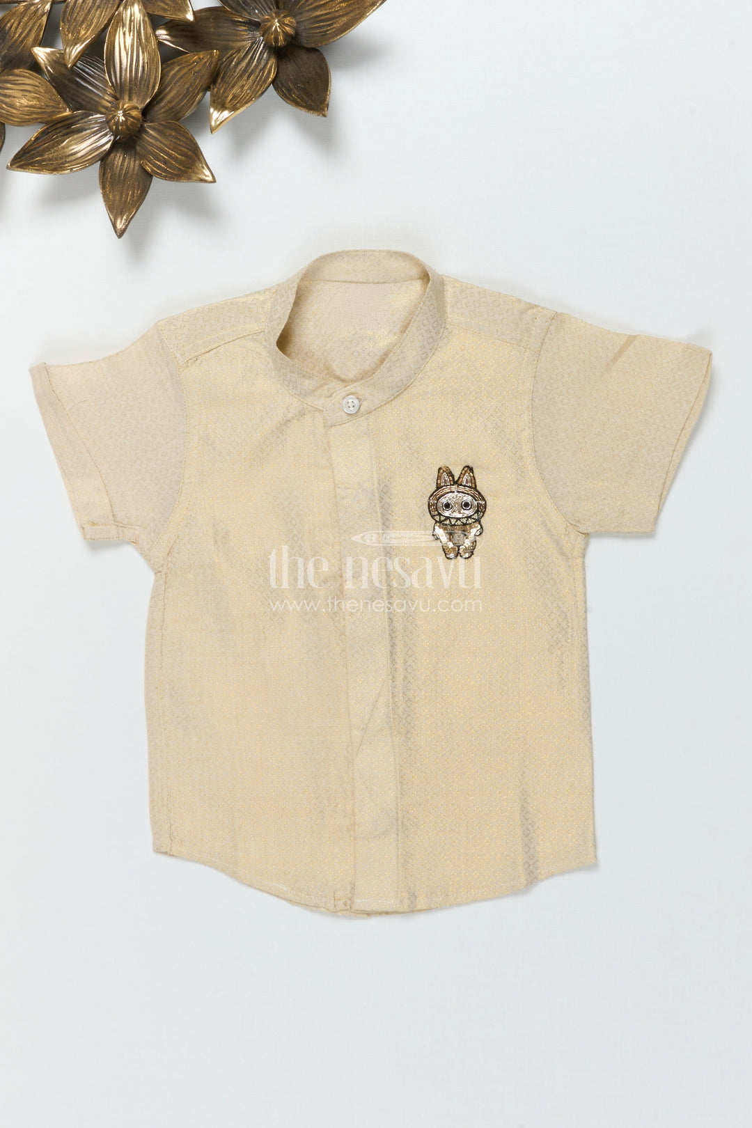 The Nesavu Boys Silk Shirt Boys Embossed Silk Shirt for Weddings and Traditional Occasions Nesavu 16 (1Y) / Cream BS3783A-16 Nesavu boys embossed tissue silk shirt for weddings and festive traditional functions