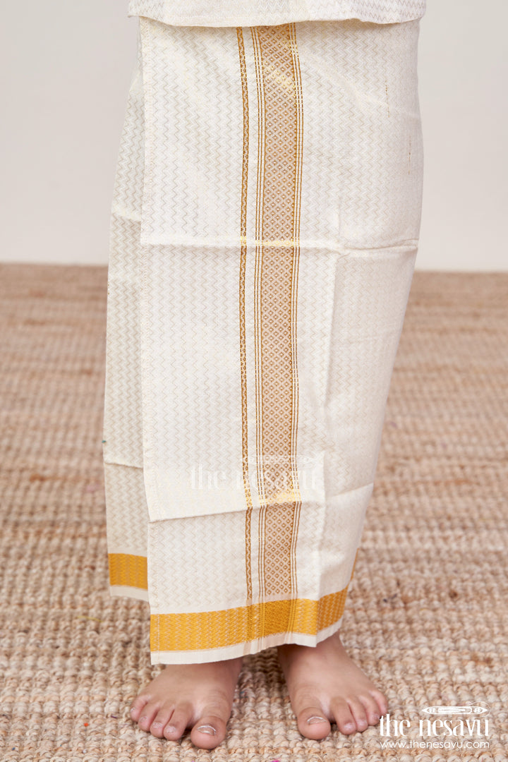 The Nesavu Boys Vesti Boys Embossed Vesti for Weddings and Festive Traditions Nesavu 14 (6M) / Gold D033A-14 Nesavu boys tissue vesti embossed zari design weddings poojas festive occasions