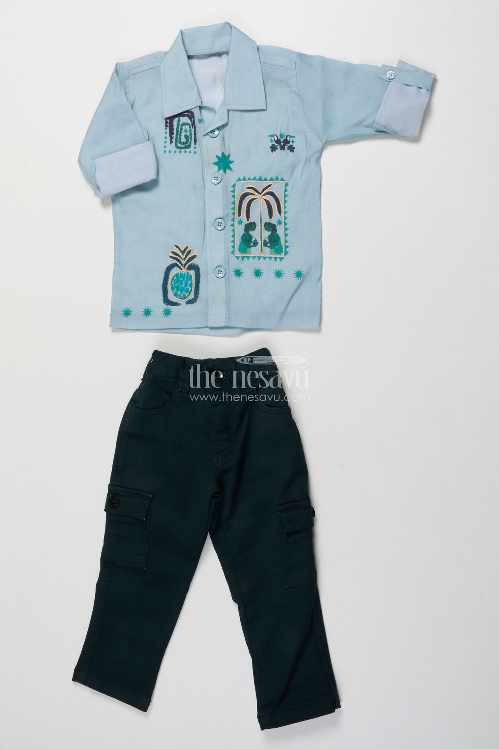 The Nesavu Boys Casual Set Boys Embroidered Casual Shirt and Pant Set for Playful Dressing Nesavu 16 (1Y) / Green BCS495A-16 Nesavu boys tribal embroidery cotton casual set utility pants everyday adventures