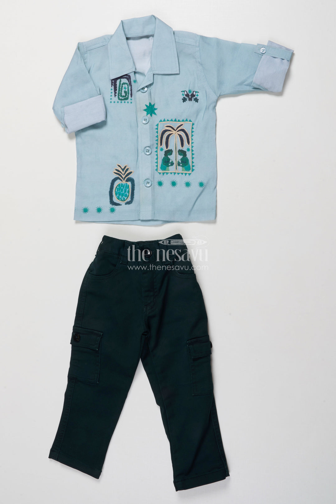 The Nesavu Boys Casual Set Boys Embroidered Casual Shirt and Pant Set for Playful Dressing Nesavu 16 (1Y) / Green BCS495A-16 Nesavu boys tribal embroidery cotton casual set utility pants everyday adventures