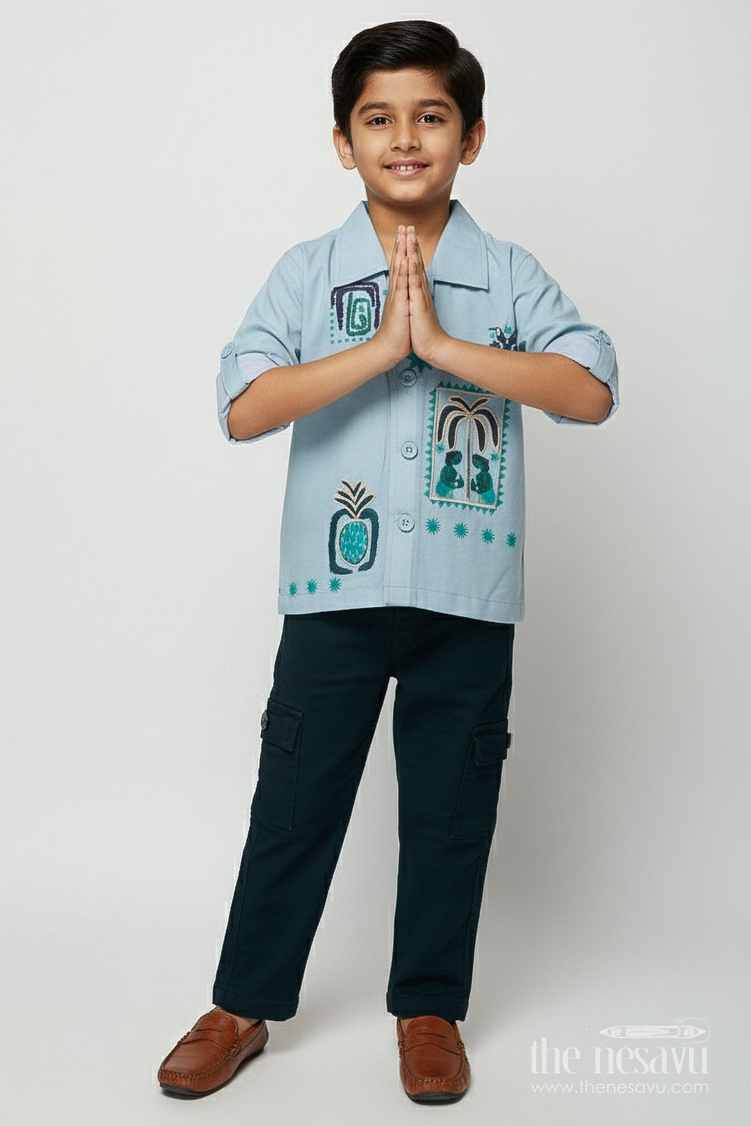 The Nesavu Boys Casual Set Boys Embroidered Casual Shirt and Pant Set for Playful Dressing Nesavu 16 (1Y) / Green BCS495A-16 Nesavu boys tribal embroidery cotton casual set utility pants everyday adventures