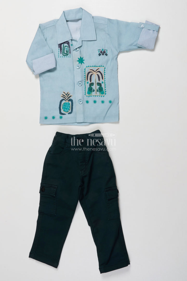The Nesavu Boys Casual Set Boys Embroidered Casual Shirt and Pant Set for Playful Dressing Nesavu Nesavu boys tribal embroidery cotton casual set utility pants everyday adventures