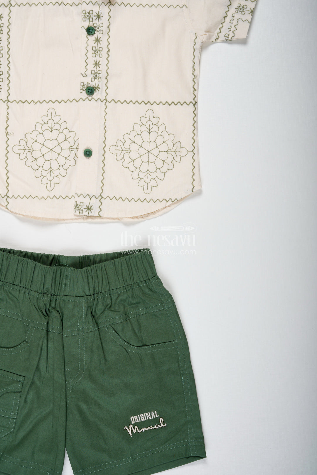 The Nesavu Boys Casual Set Boys Embroidered Cotton Shirt and Green Shorts Set for Casual Wear Nesavu Nesavu Boys Cotton Embroidered Shirt Green Shorts Set Casual Wear Functions