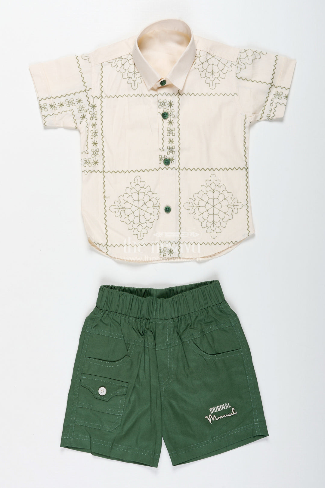The Nesavu Boys Casual Set Boys Embroidered Cotton Shirt and Green Shorts Set for Casual Wear Nesavu Nesavu Boys Cotton Embroidered Shirt Green Shorts Set Casual Wear Functions