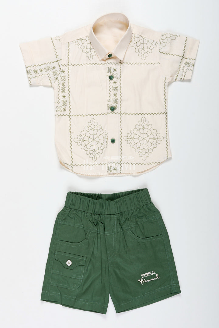 The Nesavu Boys Casual Set Boys Embroidered Cotton Shirt and Green Shorts Set for Casual Wear Nesavu Nesavu Boys Cotton Embroidered Shirt Green Shorts Set Casual Wear Functions