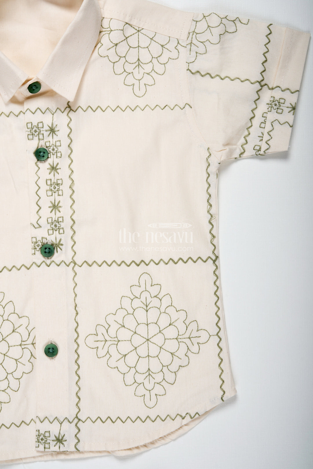 The Nesavu Boys Casual Set Boys Embroidered Cotton Shirt and Green Shorts Set for Casual Wear Nesavu Nesavu Boys Cotton Embroidered Shirt Green Shorts Set Casual Wear Functions