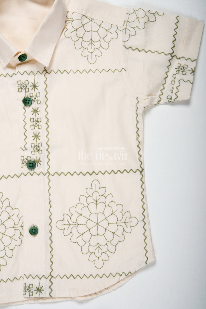 The Nesavu Boys Casual Set Boys Embroidered Cotton Shirt and Green Shorts Set for Casual Wear Nesavu Nesavu Boys Cotton Embroidered Shirt Green Shorts Set Casual Wear Functions