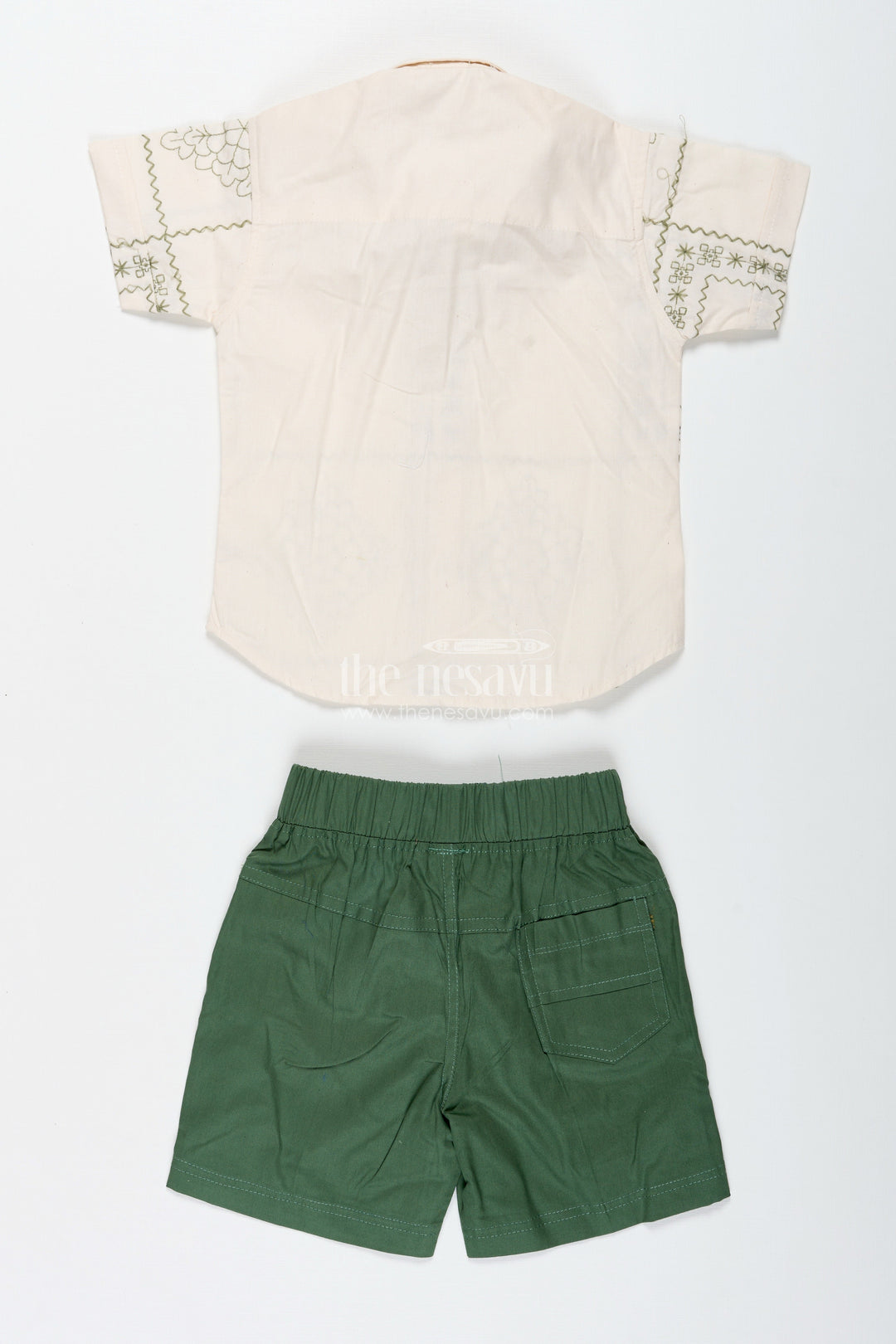 The Nesavu Boys Casual Set Boys Embroidered Cotton Shirt and Green Shorts Set for Casual Wear Nesavu Nesavu Boys Cotton Embroidered Shirt Green Shorts Set Casual Wear Functions