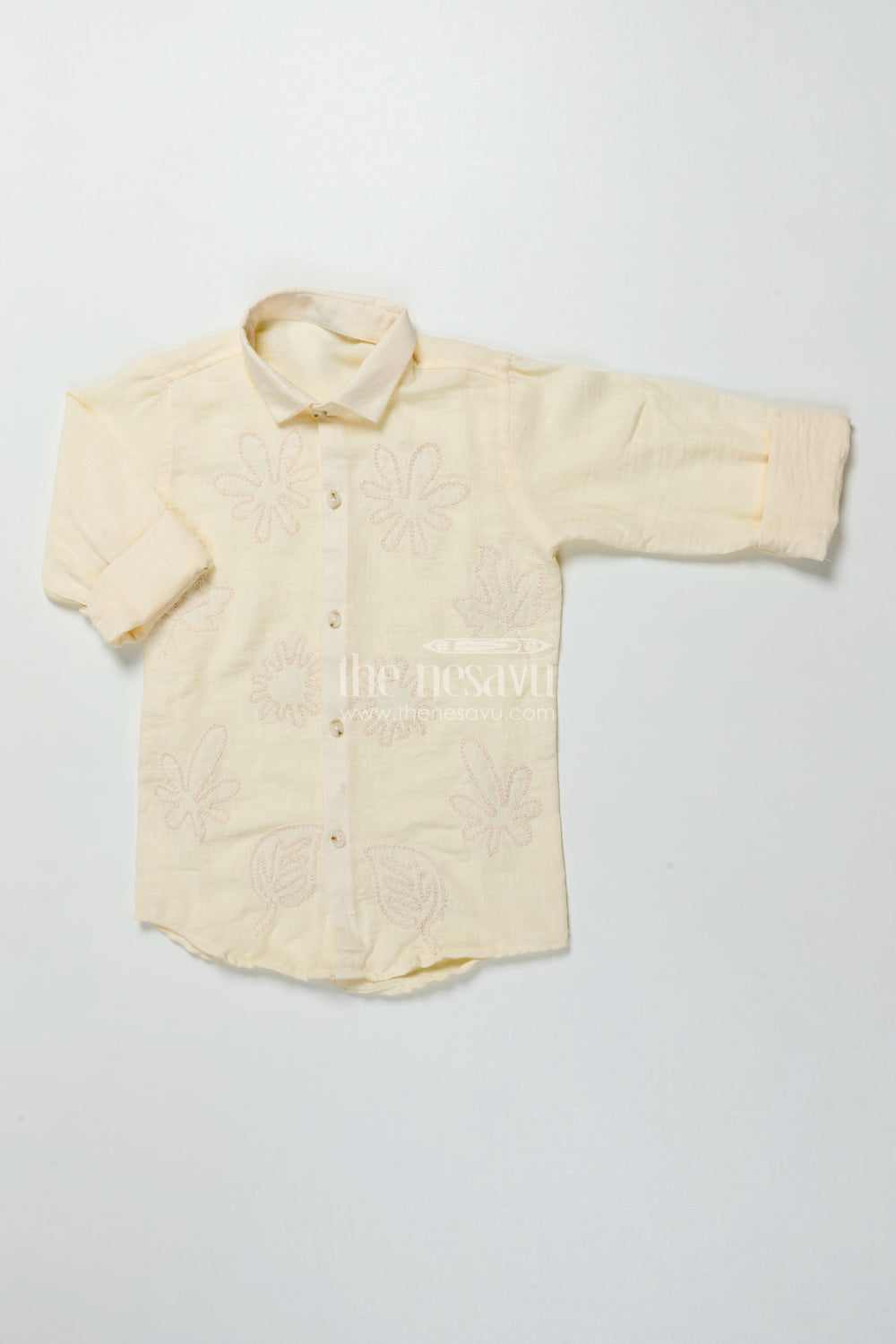 The Nesavu Boys Cotton Shirt Boys Embroidered Cotton Shirt for Ethnic Day and Casual Festive Wear Nesavu 26 (6Y) / Cream BS359B-26 Nesavu boys embroidered cotton shirt ethnic day festive wear soft breathable cotton blend