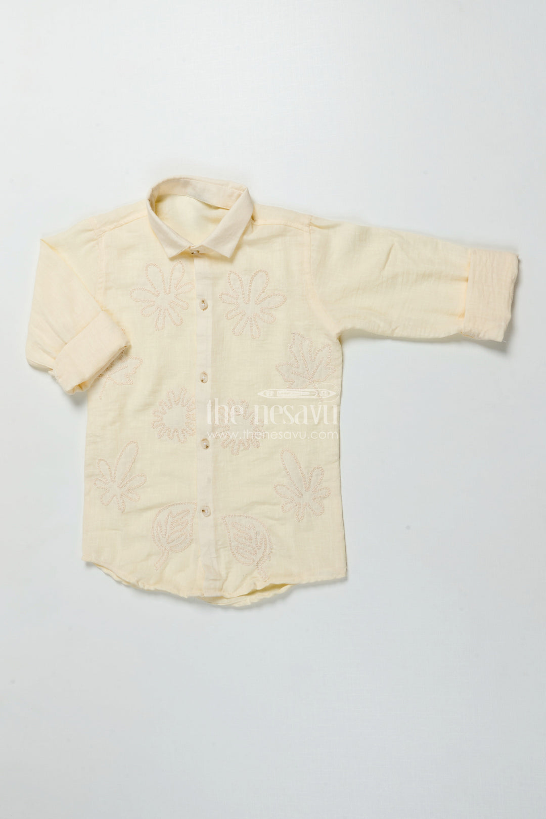 The Nesavu Boys Cotton Shirt Boys Embroidered Cotton Shirt for Ethnic Day and Casual Festive Wear Nesavu 26 (6Y) / Cream BS359B-26 Nesavu boys embroidered cotton shirt ethnic day festive wear soft breathable cotton blend