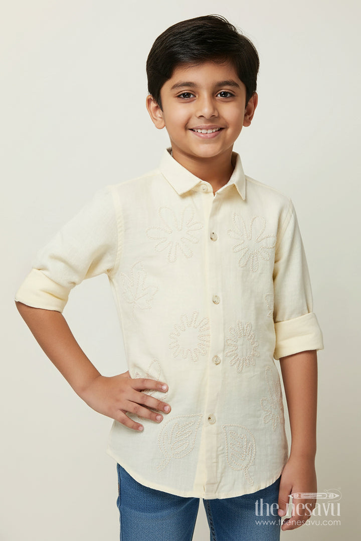 The Nesavu Boys Cotton Shirt Boys Embroidered Cotton Shirt for Ethnic Day and Casual Festive Wear Nesavu 26 (6Y) / Cream BS359B-26 Nesavu boys embroidered cotton shirt ethnic day festive wear soft breathable cotton blend