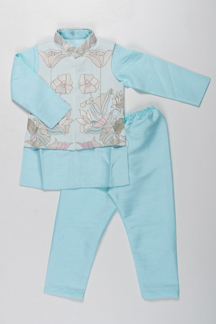 The Nesavu Boys Jacket Sets Boys Embroidered Designer Waistcoat and Kurtha Pant Set - Sky Blue Elegance Nesavu 14 (6M) / Blue / Blend Silk BES540A-14 Boys Sky Blue Waistcoat Pant Set | Embroidered Festive Wear | The Nesavu