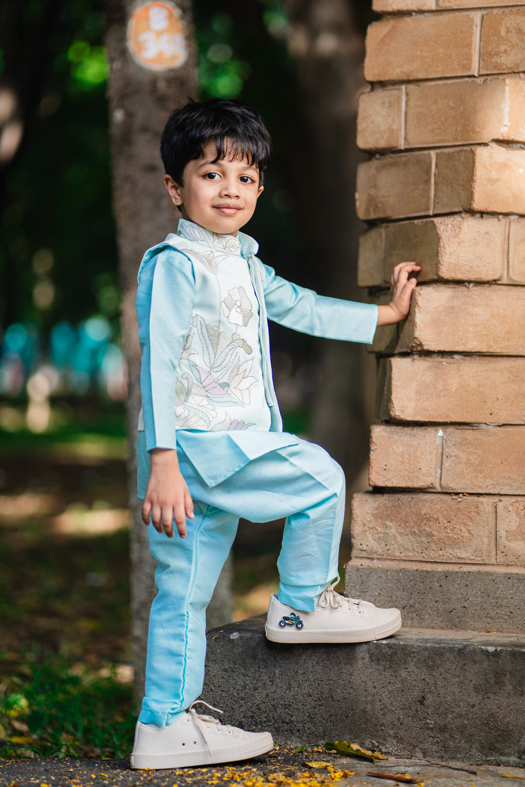 The Nesavu Boys Jacket Sets Boys Embroidered Designer Waistcoat and Kurtha Pant Set - Sky Blue Elegance Nesavu 14 (6M) / Blue / Blend Silk BES540A-14 Boys Sky Blue Waistcoat Pant Set | Embroidered Festive Wear | The Nesavu