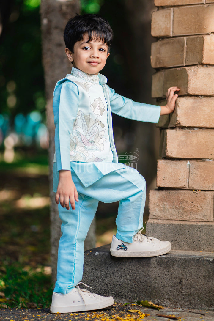 The Nesavu Boys Jacket Sets Boys Embroidered Designer Waistcoat and Kurtha Pant Set - Sky Blue Elegance Nesavu 14 (6M) / Blue / Blend Silk BES540A-14 Boys Sky Blue Waistcoat Pant Set | Embroidered Festive Wear | The Nesavu