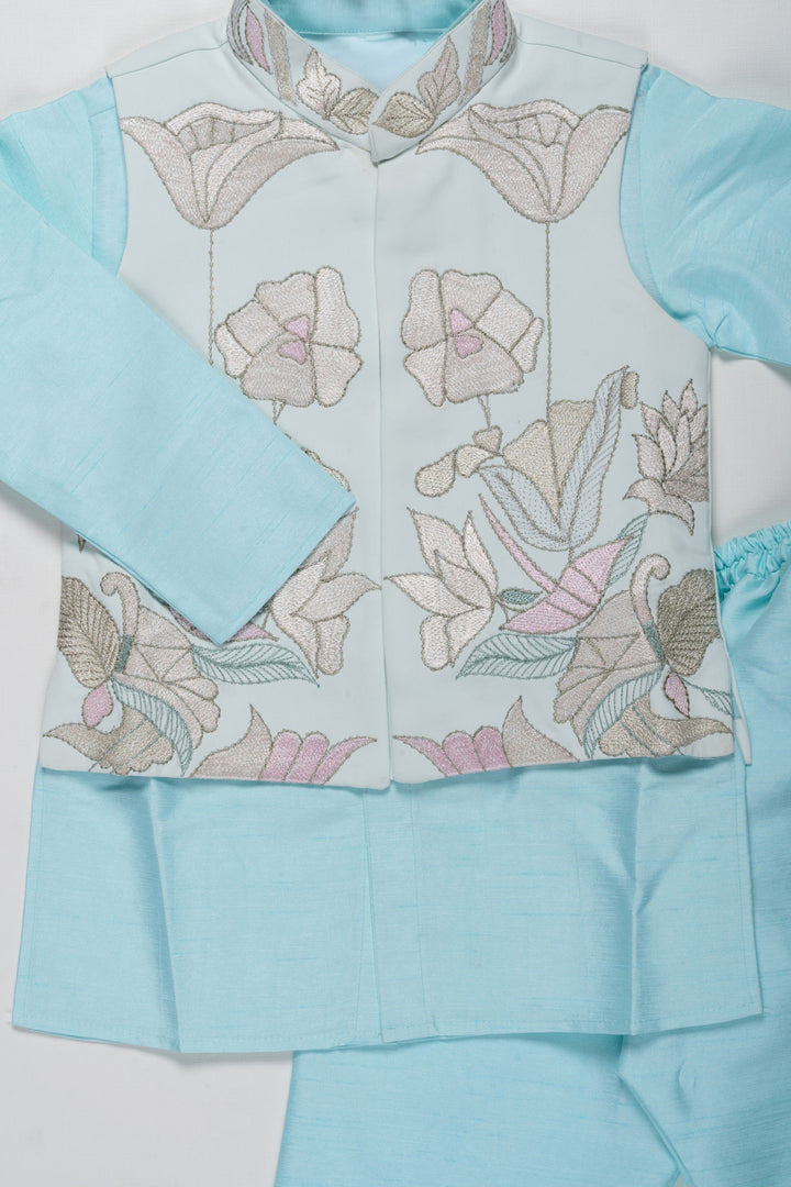 The Nesavu Boys Jacket Sets Boys Embroidered Designer Waistcoat and Kurtha Pant Set - Sky Blue Elegance Nesavu Boys Sky Blue Waistcoat Pant Set | Embroidered Festive Wear | The Nesavu