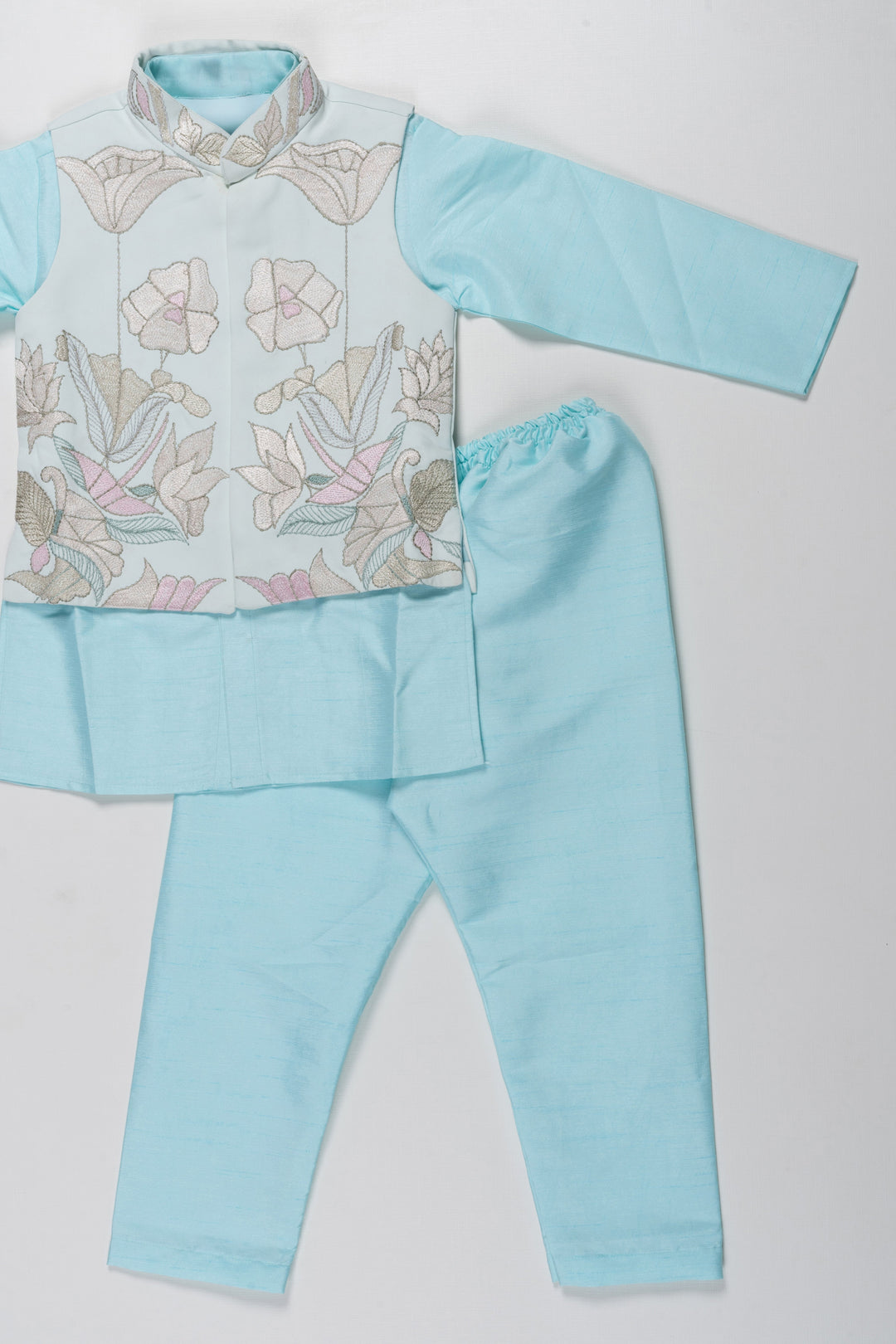 The Nesavu Boys Jacket Sets Boys Embroidered Designer Waistcoat and Kurtha Pant Set - Sky Blue Elegance Nesavu Boys Sky Blue Waistcoat Pant Set | Embroidered Festive Wear | The Nesavu