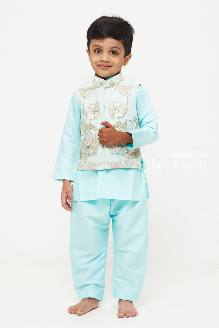 The Nesavu Boys Jacket Sets Boys Embroidered Designer Waistcoat and Kurtha Pant Set - Sky Blue Elegance Nesavu Boys Sky Blue Waistcoat Pant Set | Embroidered Festive Wear | The Nesavu