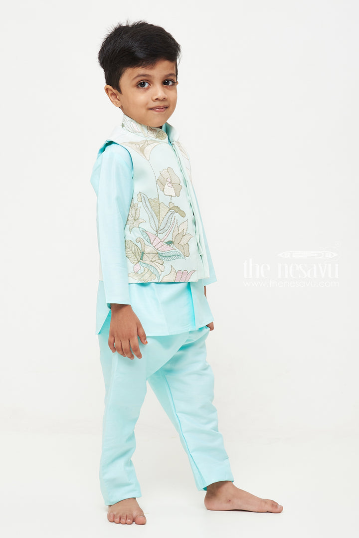 The Nesavu Boys Jacket Sets Boys Embroidered Designer Waistcoat and Kurtha Pant Set - Sky Blue Elegance Nesavu Boys Sky Blue Waistcoat Pant Set | Embroidered Festive Wear | The Nesavu