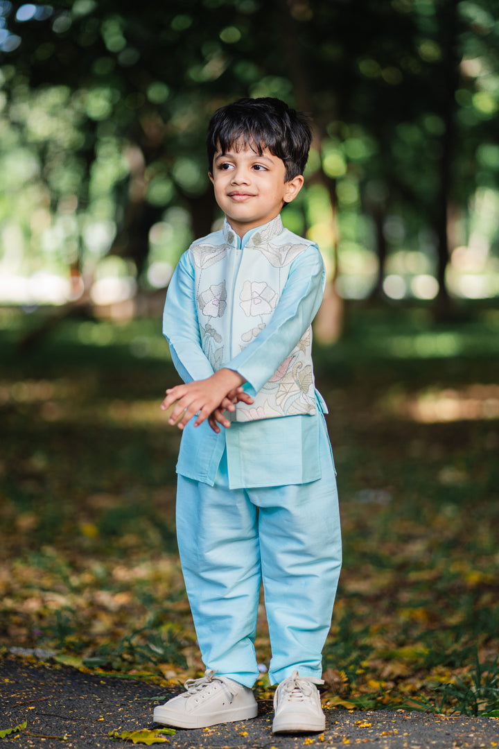 The Nesavu Boys Jacket Sets Boys Embroidered Designer Waistcoat and Kurtha Pant Set - Sky Blue Elegance Nesavu Boys Sky Blue Waistcoat Pant Set | Embroidered Festive Wear | The Nesavu