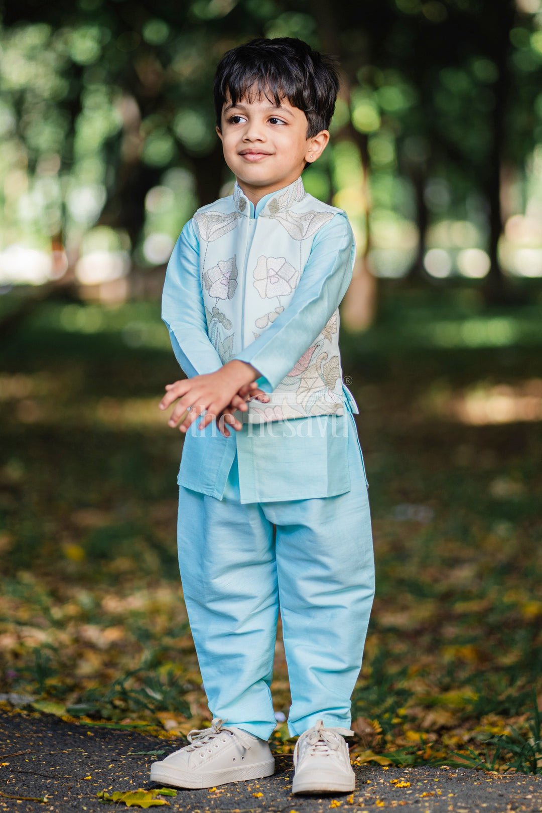 The Nesavu Boys Jacket Sets Boys Embroidered Designer Waistcoat and Kurtha Pant Set - Sky Blue Elegance Nesavu Boys Sky Blue Waistcoat Pant Set | Embroidered Festive Wear | The Nesavu