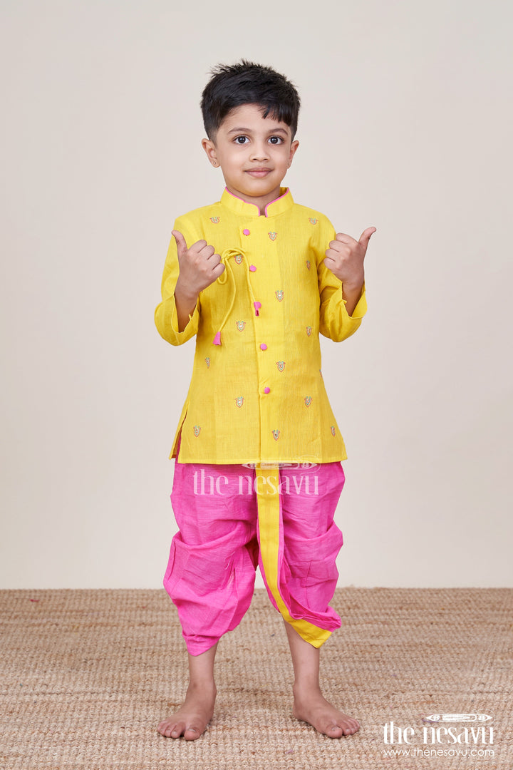 The Nesavu Boys Dothi Set Boys Embroidered Dhoti Set for Festive Functions and Cultural Dressing Nesavu 14 (6M) / Yellow BES896C-14 Nesavu boys embroidered cotton dhoti kurta set festive family events ethnic dressing