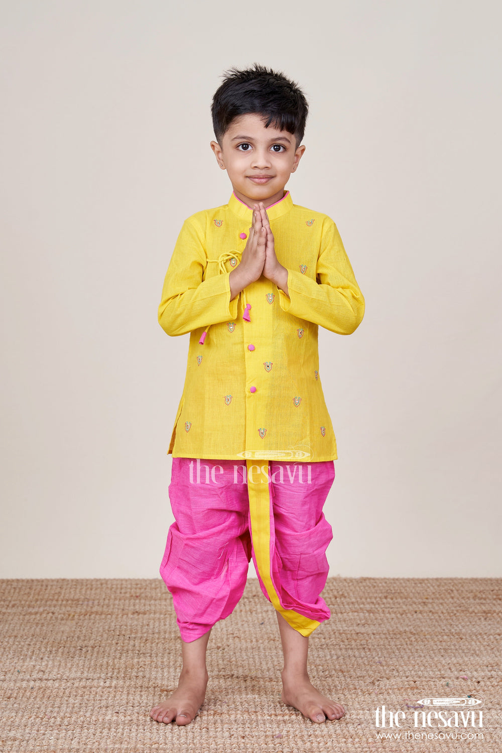 The Nesavu Boys Dothi Set Boys Embroidered Dhoti Set for Festive Functions and Cultural Dressing Nesavu Nesavu boys embroidered cotton dhoti kurta set festive family events ethnic dressing