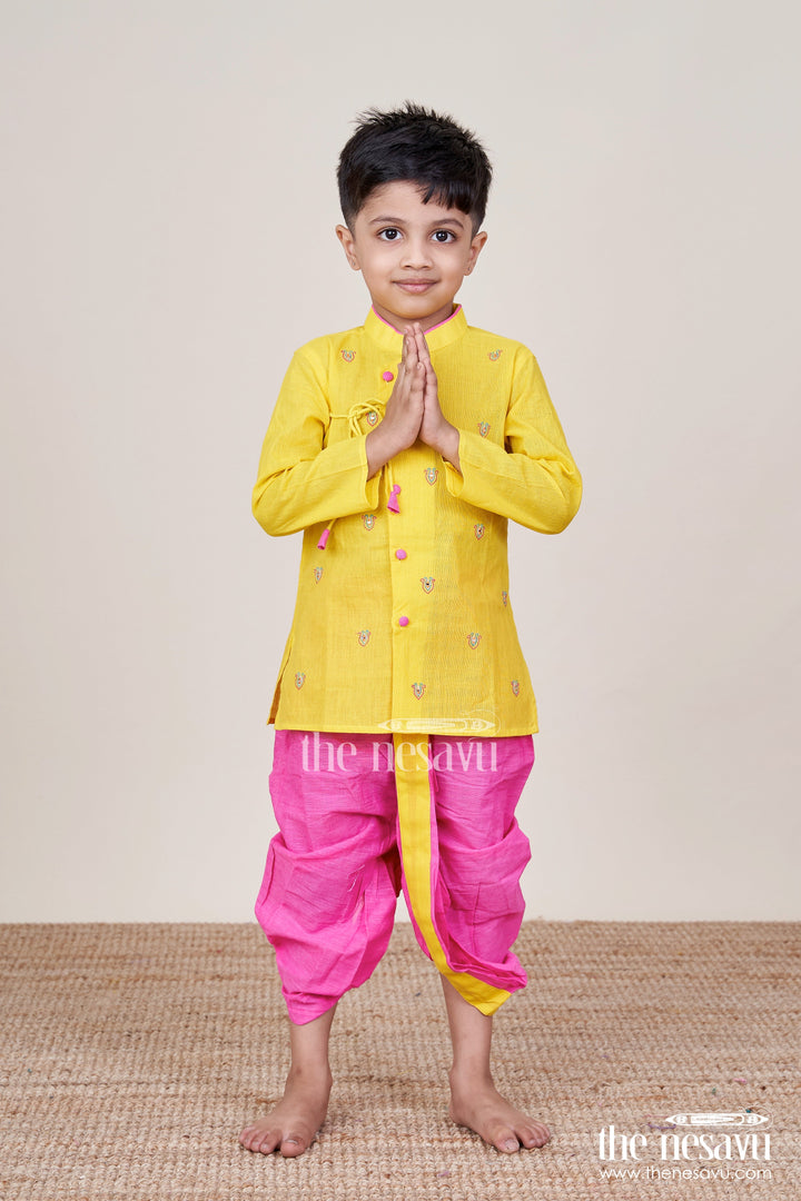 The Nesavu Boys Dothi Set Boys Embroidered Dhoti Set for Festive Functions and Cultural Dressing Nesavu Nesavu boys embroidered cotton dhoti kurta set festive family events ethnic dressing
