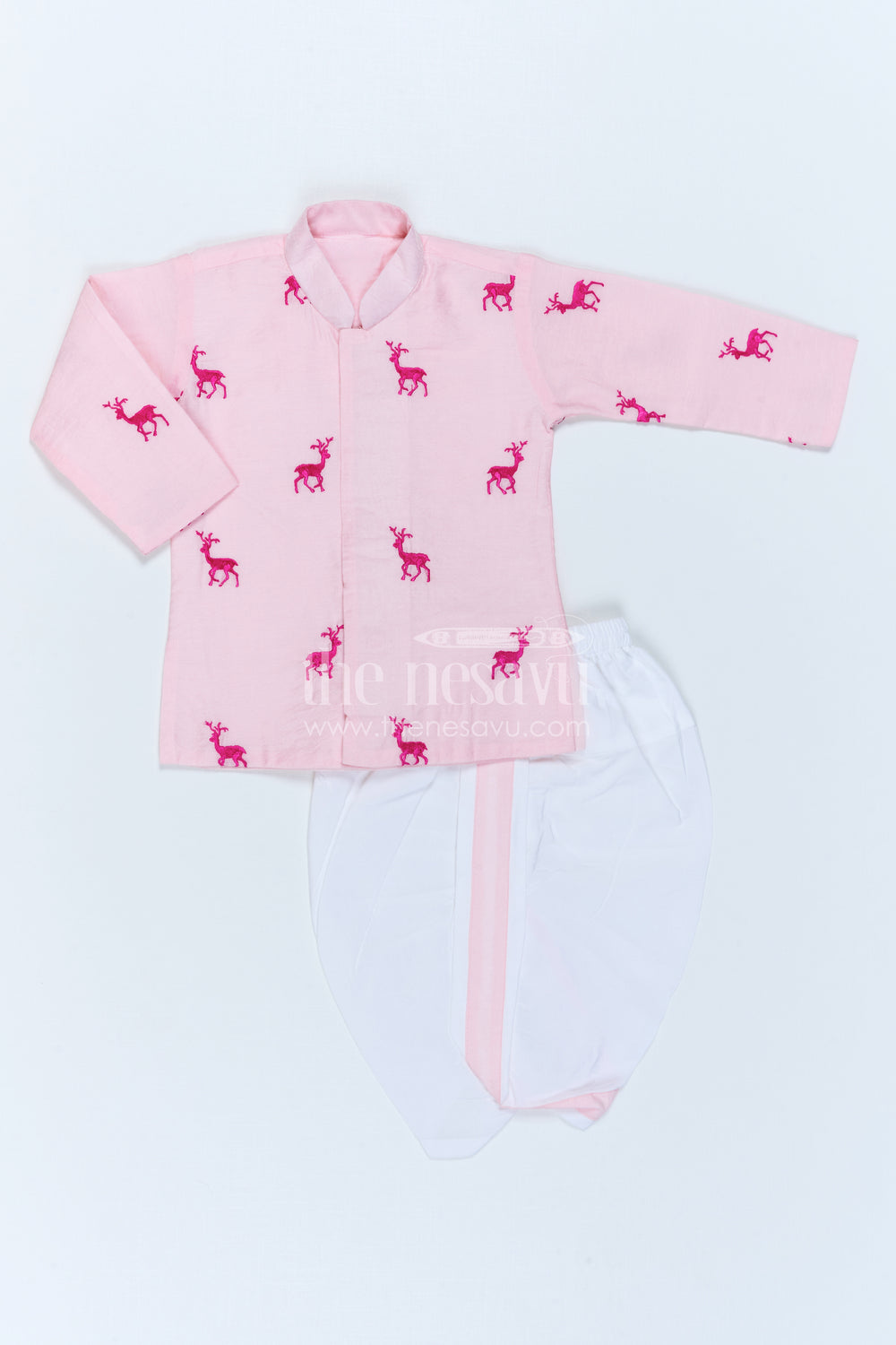 The Nesavu Boys Dothi Set Boys Embroidered Dothi Set for Festive Family Celebrations Nesavu 10 (NB) / Pink / Viscose Silk BES1024A-10 Nesavu Boys Embroidered Dothi Set With Thread Work Kurta For Festive Family Occasions
