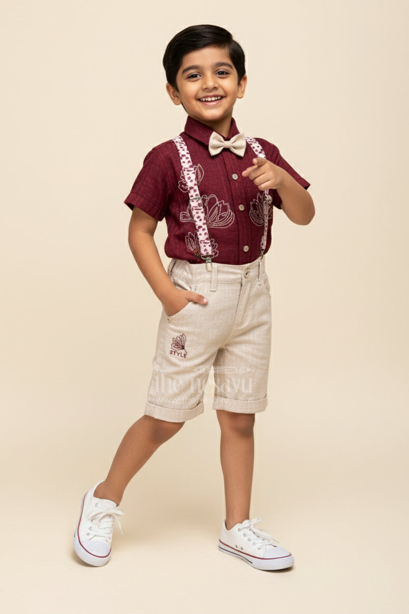 The Nesavu Boys Casual Set Boys Embroidered Festive Outfit with Suspenders and Bow Tie Nesavu 14 (6M) / Maroon BCS414A-14 Nesavu boys festive cotton outfit embroidery suspenders bow tie special occasions