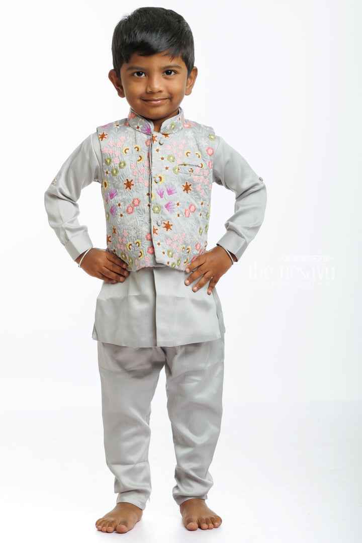 The Nesavu Boys Jacket Sets Boys Embroidered Floral Jacket with Kurta, Pant, and Dhoti Set Nesavu 12 (3M) / Gray / Blend Silk BES524A-12 Boys Floral Embroidered Jacket and Kurta Dhoti Set | Traditional Festive Wear | The Nesavu