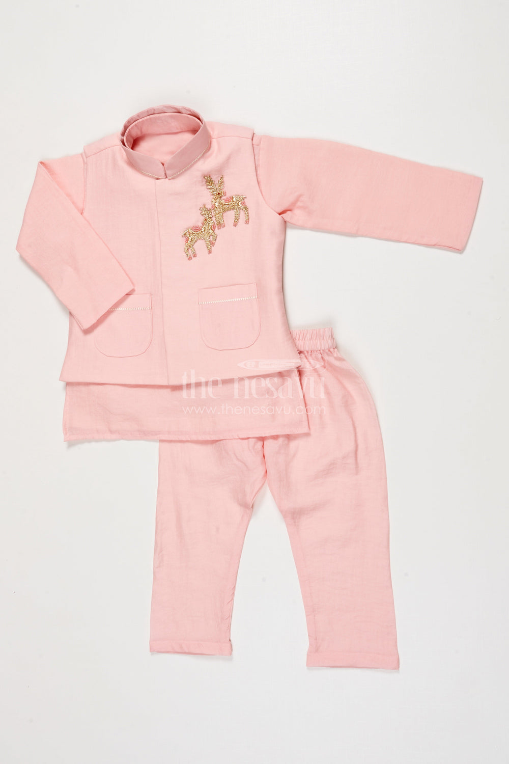 The Nesavu Boys Jacket Sets Boys Embroidered Jacket Kurta Set for Weddings and Festive Functions Nesavu 16 (1Y) / Peach BES737A-16 Nesavu boys embroidered jacket kurta set weddings receptions ethnic family events