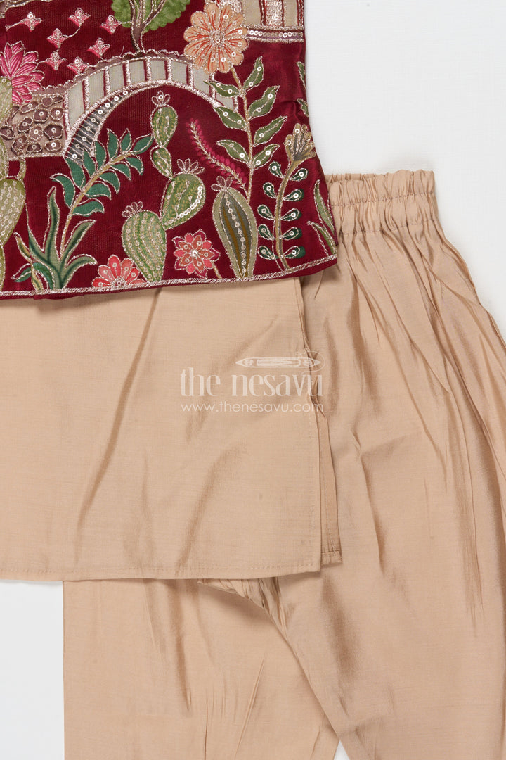 The Nesavu Boys Jacket Sets Boys Embroidered Jacket Set for Festive Functions and Wedding Receptions Nesavu Nesavu boys jacket kurta set with embroidered Nehru jacket for festive occasions and wedding wear